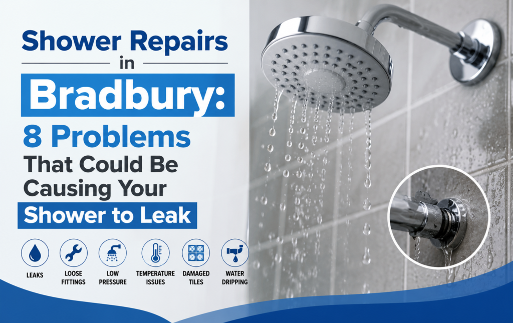 Is your shower leaking? Discover 8 common causes, from worn tap cartridges and seals to blocked drains and concealed pipe leaks in Bradbury.